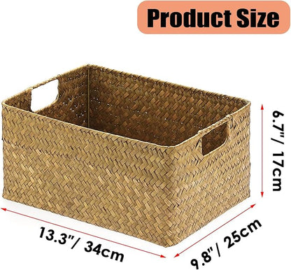 Hipiwe Seagrass Storage Basket Bin Rectangular Handwoven Wicker Storage Box with Handle Opened Baskets Box for Shelf Organizing Closet Bathroom, Caramel, Medium