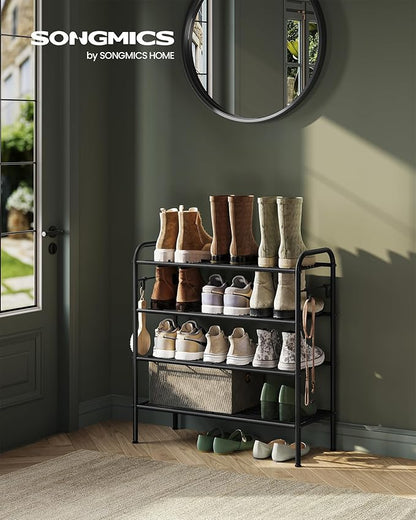 SONGMICS Shoe Rack, 4-Tier Shoe Organizer, Metal Shoe Shelf Storage with 4 Side Hooks, Holds 16 Pairs of Shoes, Height-Adjustable Shoe Rack for Entryway, Hallway, Closet, Ink Black ULMR069B01