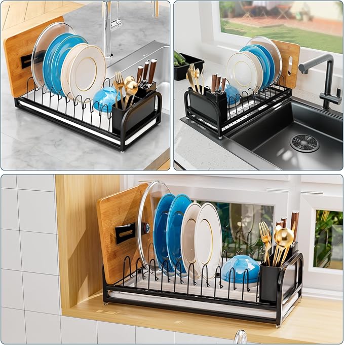 YEYPOP Black Dish Drying Rack Small for Kitchen Counter, 304 Stainless Steel Dish Rack w Tray & Cutlery Holder, Narrow Dish Drainer for Pots & Pans, Cutting Boards, Plates & Lids