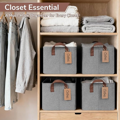 CHICVITA 4 Pack Storage Baskets for Shelves, Foldable Fabric Storage Bins with Metal Frame Handles, Closet Organizer Bins for Toys Blankets, 14.8" x 10.3" x 8.3", Gray