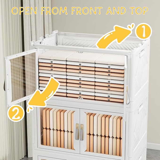 Vavkorkula Large Stackable Storage Bins with Lids, 660QT-165QT*4Tier Foldable Cabinet for Closet Organizers, Plastic Storage Containers Box with Wheels