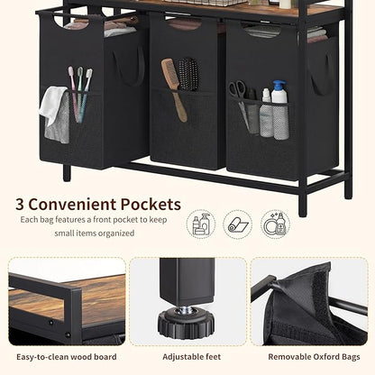 Heybly Laundry Hampers, 3 × 15 Gal (171 L) Laundry Basket with Large Desktop Sorter for Laundry Room Organization, Bathroom and Dorm Laundry Bags on Storage Shelf, Rustic Brown HLH003SR