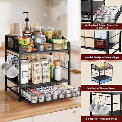 Coffee Bar Organizer - Countertop Coffee Station, 42 K Cup holder Storage Basket with Drawer and Hooks for Syrup, Cups, Stirrer, Condiment, Tea Organizer, Black