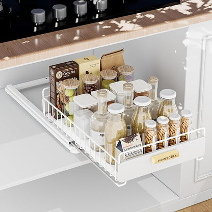 Under Sink Organizer, Kitchen Pull Out Cabinet Organizer, Mute Slide Out Metal Under Sink Organizers and Storage Shelves for Kitchen Bathroom Laundry Cabinet Pantry, White