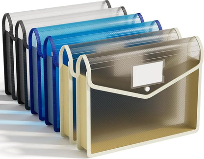 ABC life 6-Pack Plastic Expanding File Folders, Translucent Plastic Envelopes with Snap Closure, Large Capacity, Paper Storage Fits Letter/A4 Size - Black+Blue+Tea Grey