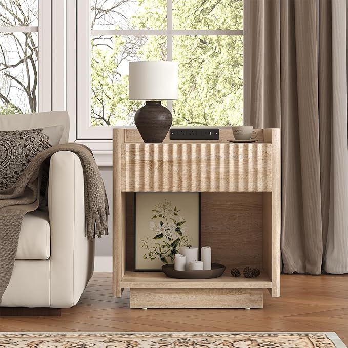 Bigbiglife Fluted Nightstand with Charging Station, 22" Modern Side Table with Drawer End Table with Open Storage, Bedside Table for Bedroom, Living Room, Natural Oak (1, Natural Oak)