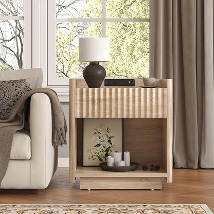Bigbiglife Fluted Nightstand with Charging Station, 22" Modern Side Table with Drawer End Table with Open Storage, Bedside Table for Bedroom, Living Room, Natural Oak (1, Natural Oak)