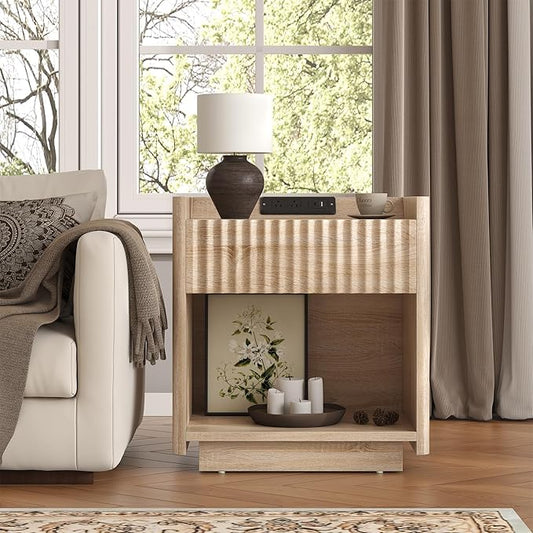 Bigbiglife Fluted Nightstand with Charging Station, 22" Modern Side Table with Drawer End Table with Open Storage, Bedside Table for Bedroom, Living Room, Natural Oak (1, Natural Oak)