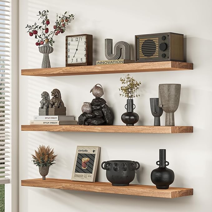 Fun Memories 72" Floating Shelves for Wall, Rustic Solid Elm Wood Floating Shelves - Invisible Bracket Mount, Extra Long Wall Mounted Shelf for Living Room, Bathroom, Bedroom, Kitchen, Natural