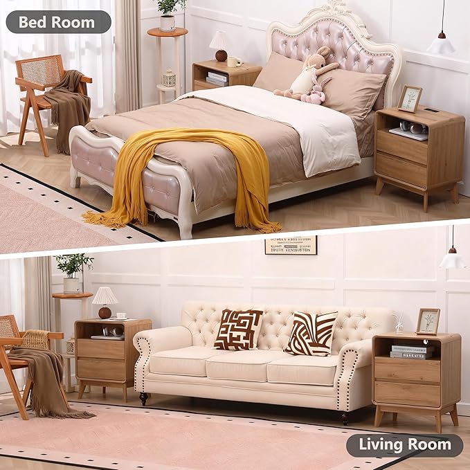 GlowVitaHome Nightstand, Wood Bedside Table with 2 Drawers and Open Storage Shelf, Accent End Table with Solid Wood Legs for Bedroom,Nature