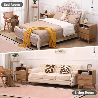 GlowVitaHome Nightstand, Wood Bedside Table with 2 Drawers and Open Storage Shelf, Accent End Table with Solid Wood Legs for Bedroom,Nature