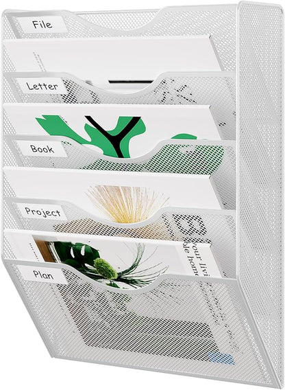 EasyPAG 5 Pocket Mesh Wall File Organizer, Hanging Paper Folder Holder with Classify Label, Vertical Wall Mount Mail Organizer for Office Home Classroom, White