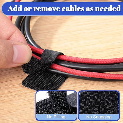 100 Pcs Hook and Loop Cable Ties, Self Adhesive Cable Management Under Desk Cable Straps, Adjustable Cord Organizer for Desk Home Office Organization (Black)