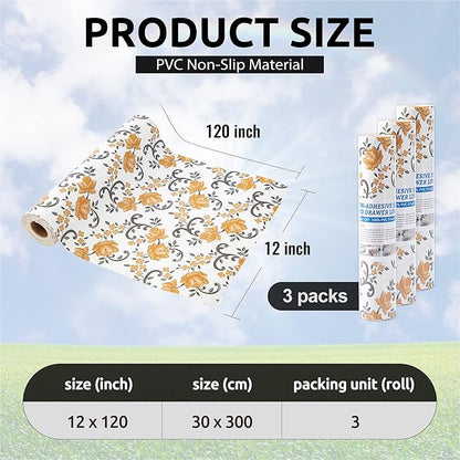 FIFTY FEET 12X120 Inch Shelf Liner for Kitchen Cabinets, PVC Drawer Liner for Dresser Non-Slip Bathroom, Non-Adhesive Cabinet Liner Washable (Yellow Floral)(3 Roll)