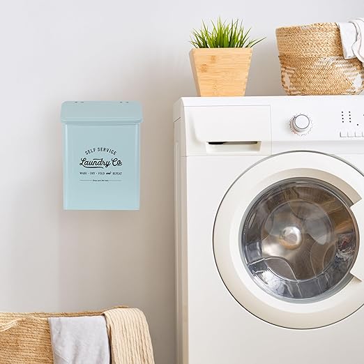 Magnetic Lint Bin for Laundry Room, Metal Trash Can with Lid for Dryer, Farmhouse Lint Holder, Laundry Co Sign, Laundry Room Storage Decor with Dryer Lint Brush (Mint)