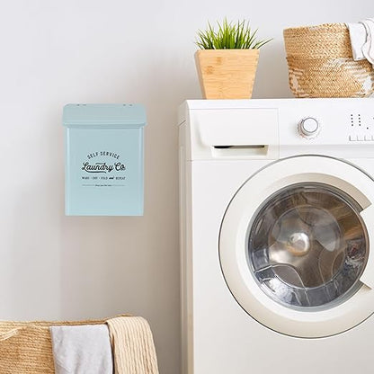 Magnetic Lint Bin for Laundry Room, Metal Trash Can with Lid for Dryer, Farmhouse Lint Holder, Laundry Co Sign, Laundry Room Storage Decor with Dryer Lint Brush (Mint)