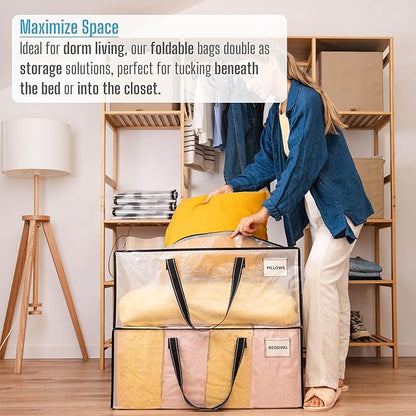 VENO 8 Pack Heavy Duty Moving Bags, Christmas Storage Bins with Lids, Clear Design, Alternative to Moving Boxes, Storage Bags for Clothes, Blankets, Comforters, Pillows, Camping (Clear, 8 Pack)