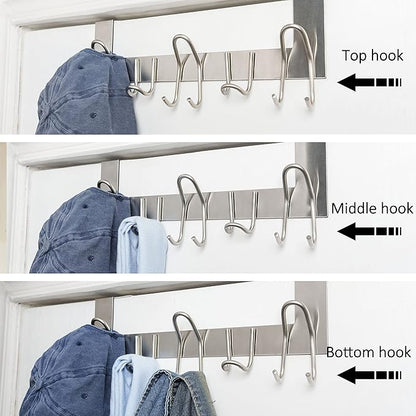 SKOLOO Over The Door Hooks - for Doors up to 1-3/4'' Thickness, Pack of 2, Metal Door Hanger with 11 Hooks, Over The Door Hanger for Coats, Hats, Towels, Silver