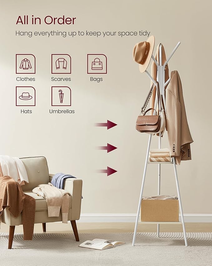VASAGLE Coat Rack Freestanding, Coat Hanger Stand, Hall Tree with 2 Shelves, for Clothes, Hat, Bag, Industrial Style, Natural Beige and Pearl White URCR016N01