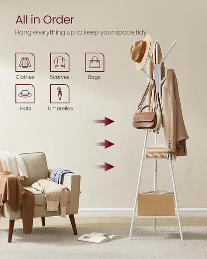VASAGLE Coat Rack Freestanding, Coat Hanger Stand, Hall Tree with 2 Shelves, for Clothes, Hat, Bag, Industrial Style, Natural Beige and Pearl White URCR016N01
