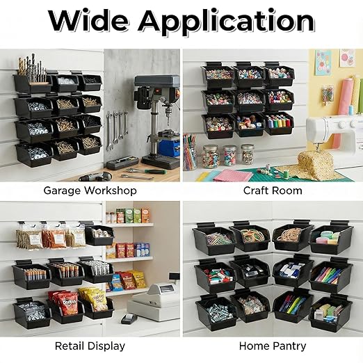 12 Pack Slatwall Bins, Slatwall Accessories Plastic Wall Mounted Storage Bins with Hooks Wall Storage Bin for Slat Walls Organizing Hardware, Garage, Craft Room, Tool Shed, Hobby Supplies