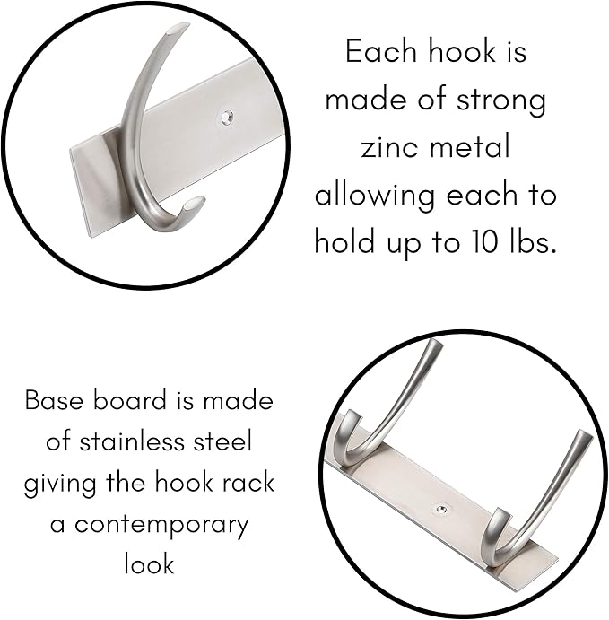 BIRDROCK HOME Premium 5-Hook Stainless Steel Coat and Hat Rack for Wall - Front Door Organizer - Mounted Hanger for Jackets, Clothes, Hats, Towel - Silver Dual Hooks - Brushed Nickel Finish