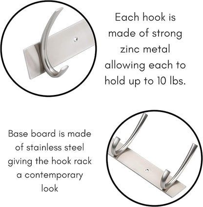 BIRDROCK HOME Premium 5-Hook Stainless Steel Coat and Hat Rack for Wall - Front Door Organizer - Mounted Hanger for Jackets, Clothes, Hats, Towel - Silver Dual Hooks - Brushed Nickel Finish