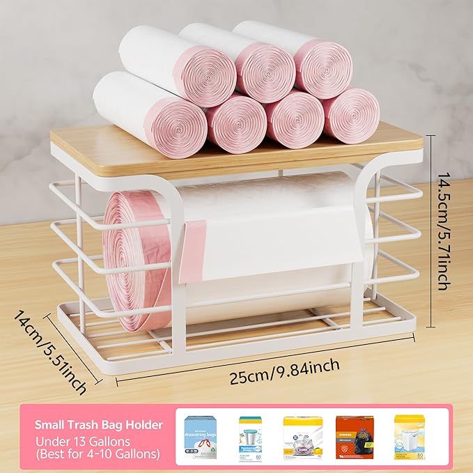 Trash Bag Holder Dispenser with Bamboo Top,Wall Mount Garbage Bag Dispenser,Stackable Storage Suitable for Garbage Bags of 100 Rolls under 13 Gallons,White Small