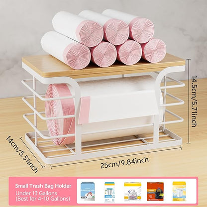 Trash Bag Holder Dispenser with Bamboo Top,Wall Mount Garbage Bag Dispenser,Stackable Storage Suitable for Garbage Bags of 100 Rolls under 13 Gallons,White Small