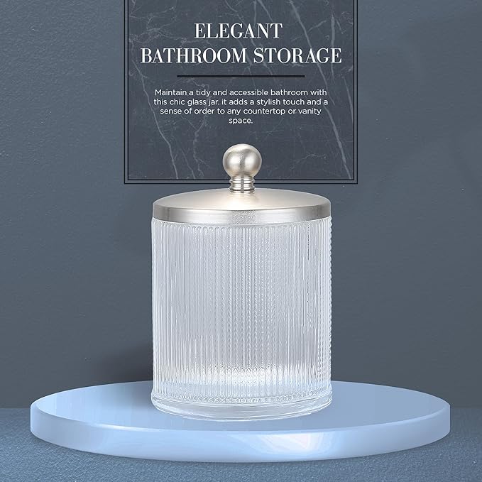 Indecor Home Clear Transparent Apothecary Ribbed Geometric Etched Glass Jar W/Satin Nickel Metal Lid for Bathroom Organization, Cotton Balls, Q Tips, and Small Accessories, Bathroom Storage
