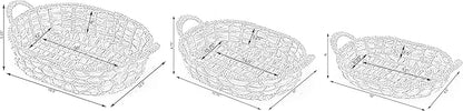 Seagrass Rattan Tray Set of 3 – Round and Rectangular Wicker Shallow Baskets with Handles, Decorative Bread, Fruit, Storage Trays