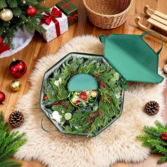 2 Pack Wreath Storage Christmas Garlands Bag with Interior Pockets Large Xmas Container Box for Holiday Decorations Case with Dual Zipper and Handles Window Labeling Card Slot 24" Green