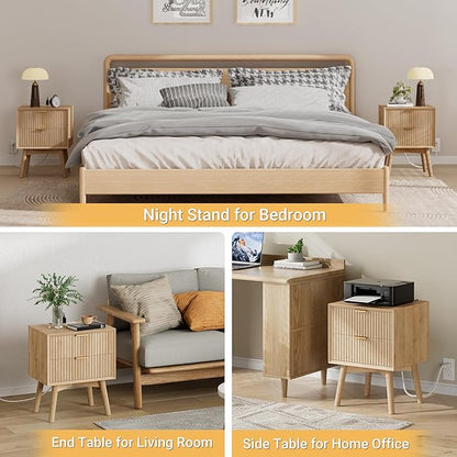 FavourLife Fluted Nightstand, Night Stand Set 2, Modern Nightstands Set of 2 with Beveled Edge & Solid Wood Legs, 2 Drawer End Table with Charging Station, Wooden Bedside Table for Bedroom,Natural Oak