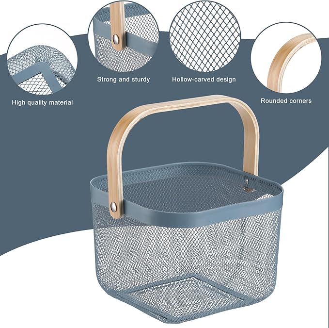 Roshtia 6 Pcs Metal Mesh Steel Basket with Handle, Rustic Square Wire Harvest, Shopping Baskets for Retail Store Garden Bathroom Kitchen(9.65 x 9.65 x 7.09 Inch,Blue)