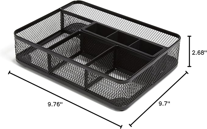 TRU RED Mesh Drawer Organizer, 7‑Compartment, Matte Black – Desk & Drawer Storage for Office Supplies