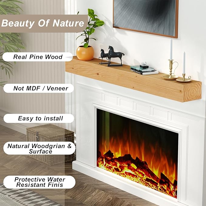 ROOMTEC Fireplace Mantel,60" DIY Wood Floating Fireplace Shelves,Wall Mounted Wooden Display Shelving,Handcrafted Wood Brack,Natural Mantels Over Fireplace | 60" x 8" x 5"-Natural Wood