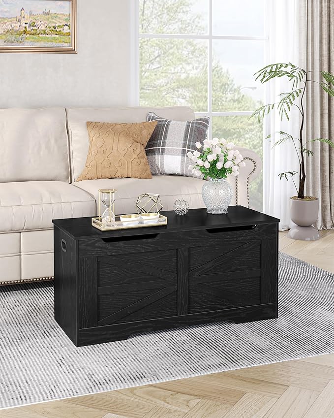 39.4" Storage Chest, Extra Large Storage Trunk with 2 Hinges, Wooden Box Bench, Lift-Top Organizer Chest, Shoe Bench for Entryway, Bedroom, Living Room, Black SB03404X