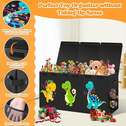 Extra Large Toy Box, Collapsible Toddlers Toy Chest Kids Storage Organizer, Dinosaur Bin Boxes Storage Basket with Lids for Boys, Girls, Living Room, Nursery, Playroom, 40"x14"x16", Black
