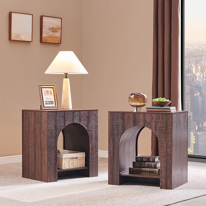 Arched End Table Set of 2 with Type-C Charging Station, 22" Modern Bedroom NightStand with Arched Shelf, Side Table with Outlet, USB, Type-C Port for Bedroom, Brown