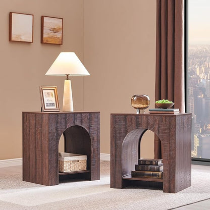 Arched End Table Set of 2 with Type-C Charging Station, 22" Modern Bedroom NightStand with Arched Shelf, Side Table with Outlet, USB, Type-C Port for Bedroom, Brown