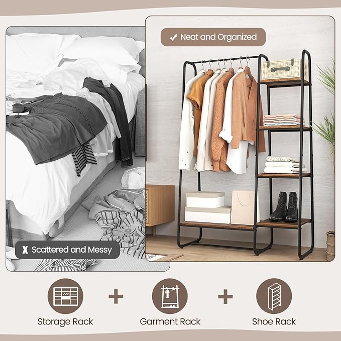 Tangkula Garment Rack with Shelves, Clothes Rack with 5 Shelves & Hanging Bar, Open Wardrobe for Hanging Clothes and Storage, Free Standing Closet Organizer, Clothing Rack for Bedroom Entryway