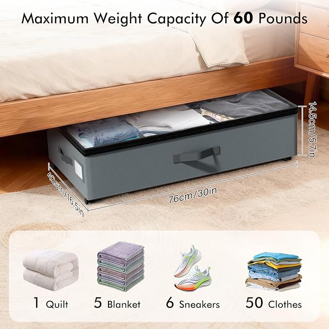 Vadmas 2-Pack Under Bed Storage Containers with Wheels, 75L Each Underbed Storage Organizer with Clear Handles, Collapsible Under Bed Storage Boxes for Clothes, Bedding, Max Load 80 LBS, Gray