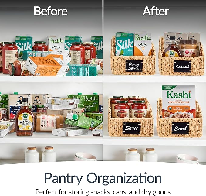 Best Choice Products Natural Hyacinth Angled Pantry Storage Baskets, Woven Wicker Storage Bins w/Handles, Storage Container Baskets for Shelves, Chalkboard Label & Marker (Pack of 2) - Natural