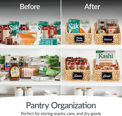 Best Choice Products Natural Hyacinth Angled Pantry Storage Baskets, Woven Wicker Storage Bins w/Handles, Storage Container Baskets for Shelves, Chalkboard Label & Marker (Pack of 2) - Natural
