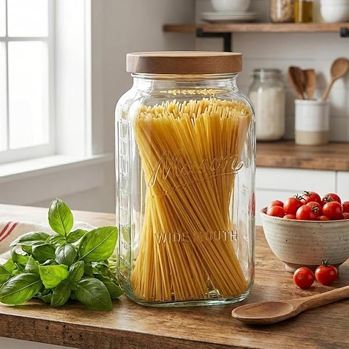 kitchentoolz 2 Gallon Glass Mason Jar with Airtight Wooden Lid – Wide Mouth Square Storage Container with Measurement Marks – Ideal for Pantry Organization, Dry Goods & Food Prep