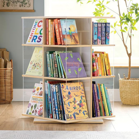 EdQ Rotating Big Book Display–White: 3-Tier Montessori Wooden Bookshelf for Kids' Room, 360° Spinning Bookcase with Acrylic Shelves for Home, Playroom, Classroom Storage & Homeschool Organization