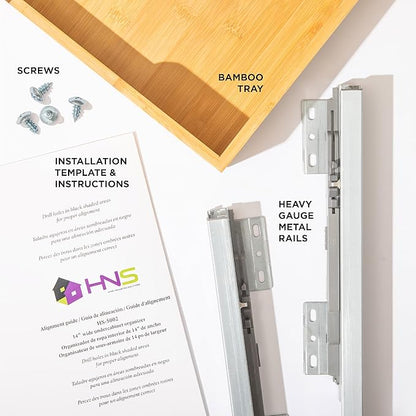 HOLDN’ STORAGE Bamboo Wooden Pull out Cabinet Organizer.14”W x 21”D - Requires At Least a 15.25:W x 21" D. Cabinet Opening. W/Lifetime Limited Warranty. Bamboo Tray and Heavy gauge metal rails.
