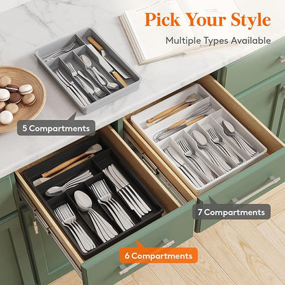Lifewit Silverware Tray, Deep Wide Cutlery Drawer Organizer Storage for Kitchen, Plastic Flatware Utensil Holder Divider for Spoons Forks Knives Tableware, 6 Compartment, Black