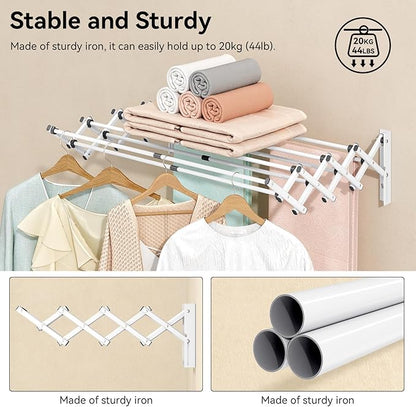 APEXCHASER Wall Mounted Clothes Drying Rack Laundry Drying Rack Retractable, Towel Racks Wall Mounted for Bathroom Balcony Laundry Room Indoor, Foldable Accordion Dryer Rack for Clothing, White