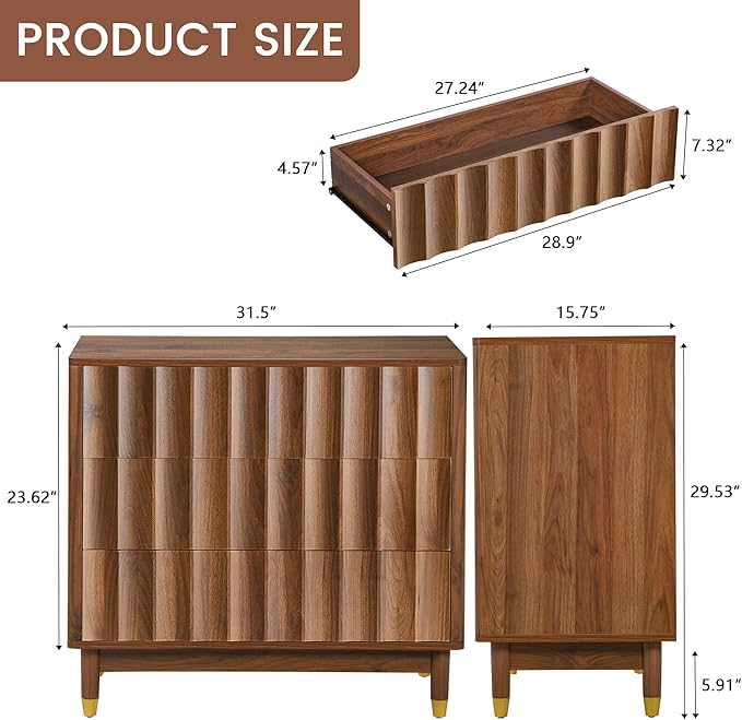Bifins Fluted 3 Drawer Dresser, 31.5" Wide Modern Storage Chest of Drawers, Wood Drawer Organizer for Bedroom, Living Room, Hallway